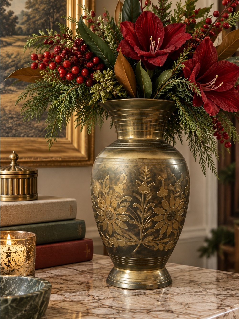 Vintage Engraved Brass Floral Vase Made in India 9”